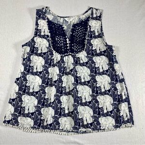 Crown & Ivy navy elephant print blouse camisole PM petite sleeveless crochet